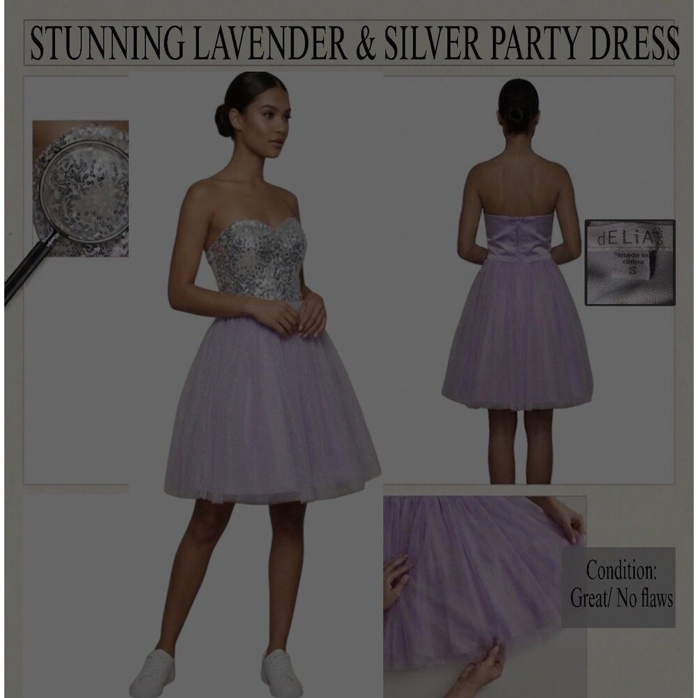 dELiAs Strapless silver Sequined Lavender Tulle Mini Party Dress Small A-Line